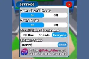 Redeem a gift code in Roblox Mining Factory Tycoon